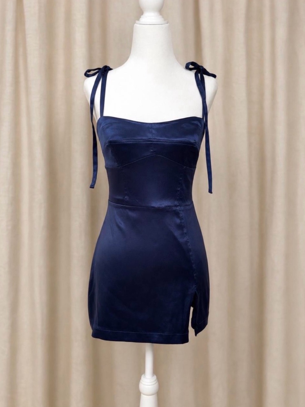 Satin Navy Tie-Shoulder Mini Dress